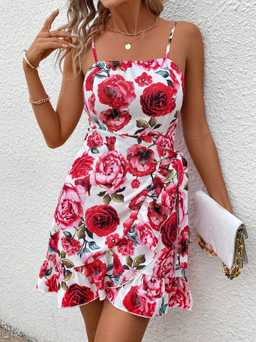Women's Floral Printed Wrap V-Neck Spaghetti Strap Dress With Ruffle Hem And Belt