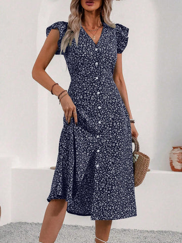 Women's Floral V-Neck Ruffle Front Button Summer Dress