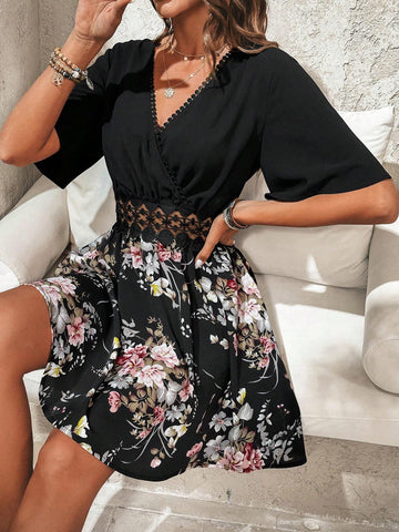 Women's Floral Wrap Neckline Printed Dress
