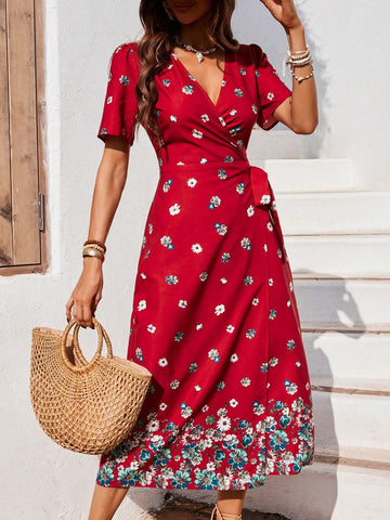 Women's Floral Wrap Short Sleeve Dress