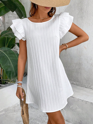 VCAY Women's Flounce Sleeve Round Neck Dress