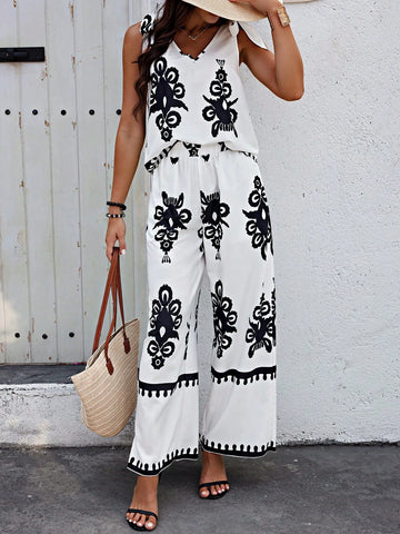 Women's Flower Print Shoulder Tie Sleeveless Top And Pants Set