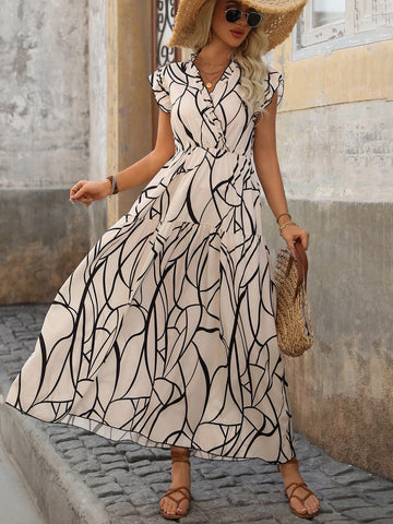 Women's Flying Sleeve A-Line Dress With Full Line Print