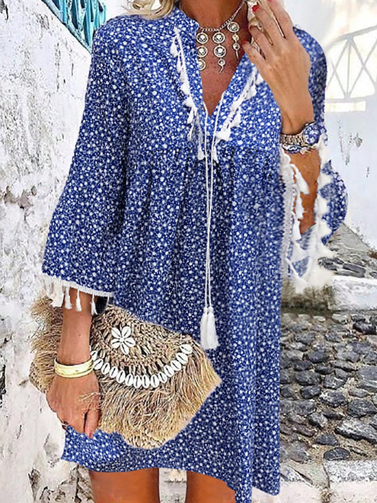 Women's Fringe Decorated Floral Print Dress