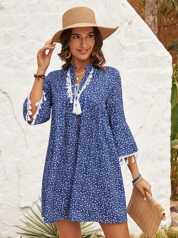 Women's Fringe Decorated Floral Print Dress