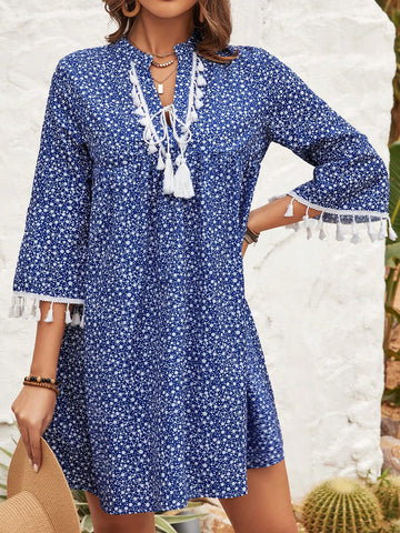 Women's Fringe Decorated Floral Print Dress