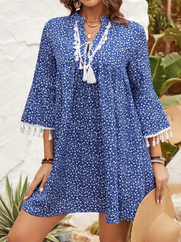 Women's Fringe Decorated Floral Print Dress