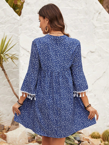 Women's Fringe Decorated Floral Print Dress