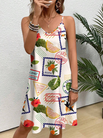 Women's Fruit, Plant & Letter Printed Strappy Sundress
