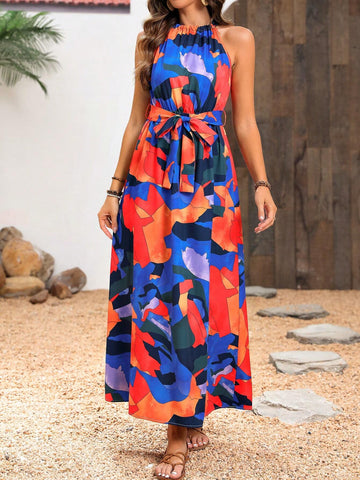 Women's Full-Print Sleeveless Halter Vacation Maxi Dress