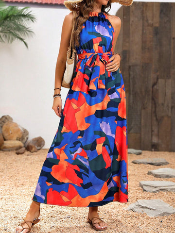Women's Full-Print Sleeveless Halter Vacation Maxi Dress