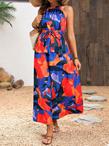 Women's Full-Print Sleeveless Halter Vacation Maxi Dress