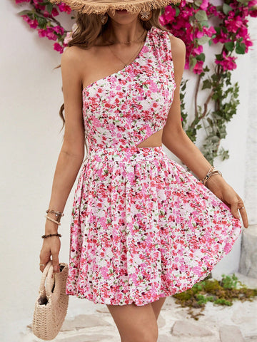 Women's Full Floral Printed One-Shoulder Sleeveless Dress With Cut-Out Waist