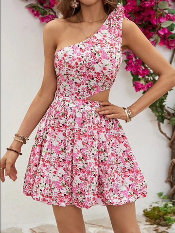 Women's Full Floral Printed One-Shoulder Sleeveless Dress With Cut-Out Waist