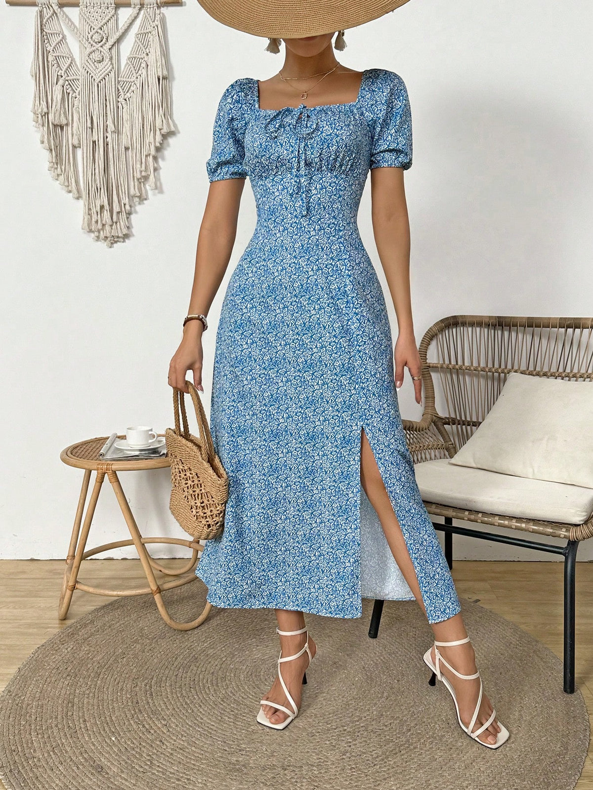 Women's Full Printed Square Neck Side Split Dress