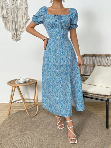 Women's Full Printed Square Neck Side Split Dress