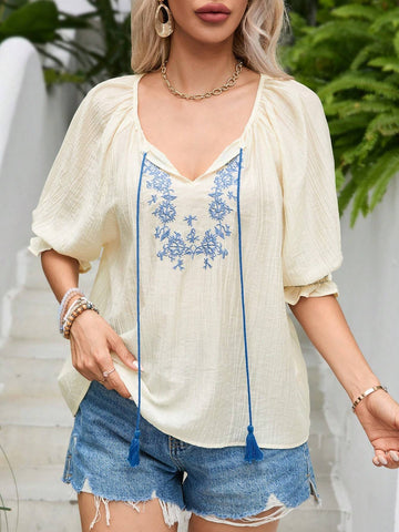 VCAY Women's Geolocator Embroidered Half Sleeves Top