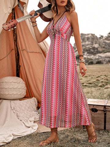 Women's Geometric Pattern Halterneck Dress