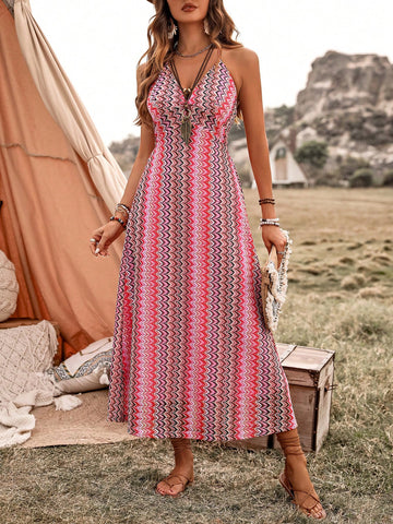 Women's Geometric Pattern Halterneck Dress