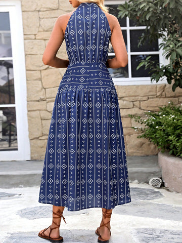 Women's Geometric Pattern Sleeveless Halter Neck Dress