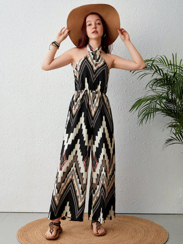 Women's Geometric Print Halterneck Jumpsuit