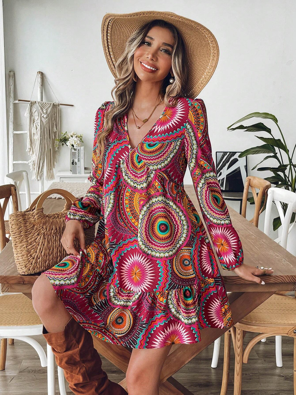 Women's Geometric Print V Neck Lantern Sleeve Casual Mini Dress For Holiday