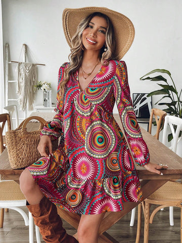 Women's Geometric Print V Neck Lantern Sleeve Casual Mini Dress For Holiday