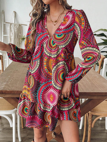 Women's Geometric Print V Neck Lantern Sleeve Casual Mini Dress For Holiday
