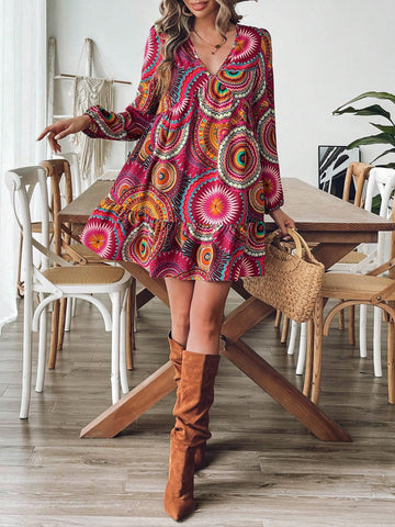 Women's Geometric Print V Neck Lantern Sleeve Casual Mini Dress For Holiday