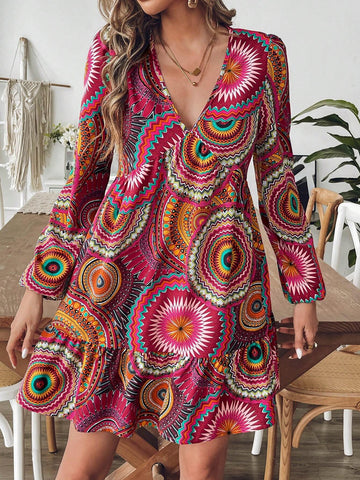 Women's Geometric Print V Neck Lantern Sleeve Casual Mini Dress For Holiday
