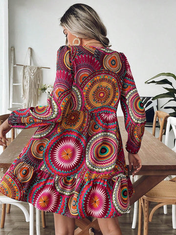 Women's Geometric Print V Neck Lantern Sleeve Casual Mini Dress For Holiday