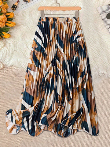 VCAY Women's Geometric Printed Pleated Maxi Casual Skirt For Vacation