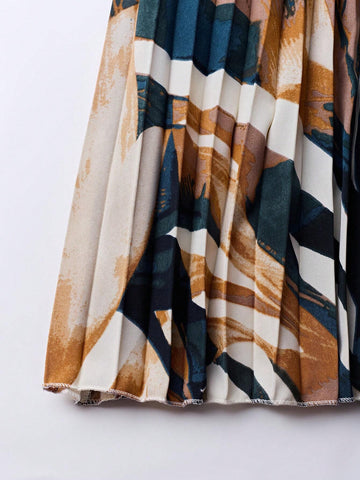 VCAY Women's Geometric Printed Pleated Maxi Casual Skirt For Vacation