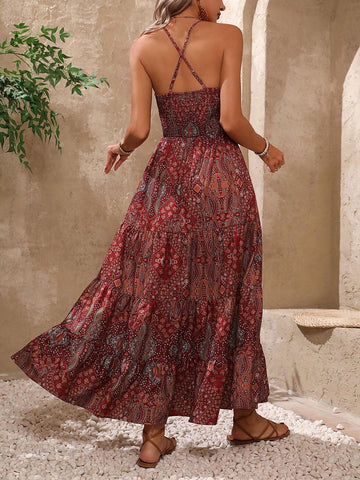 Women's Geometric Printed Strappy Backless A-Line Dress