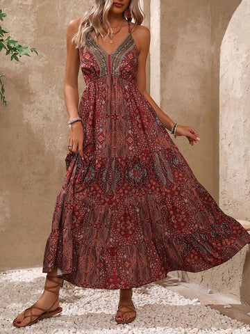 Women's Geometric Printed Strappy Backless A-Line Dress