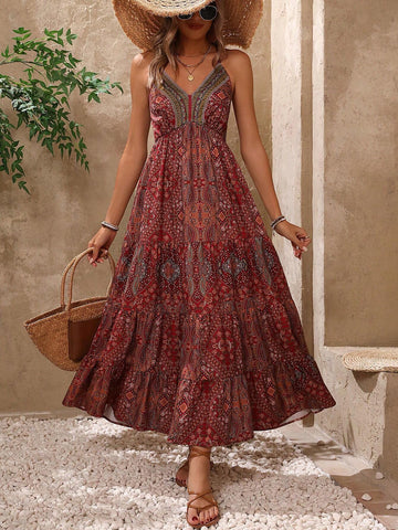 Women's Geometric Printed Strappy Backless A-Line Dress