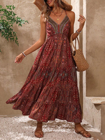 Women's Geometric Printed Strappy Backless A-Line Dress