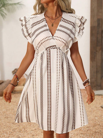 Women's Geometric Printed V-Neck Short Sleeve A-Line Dress