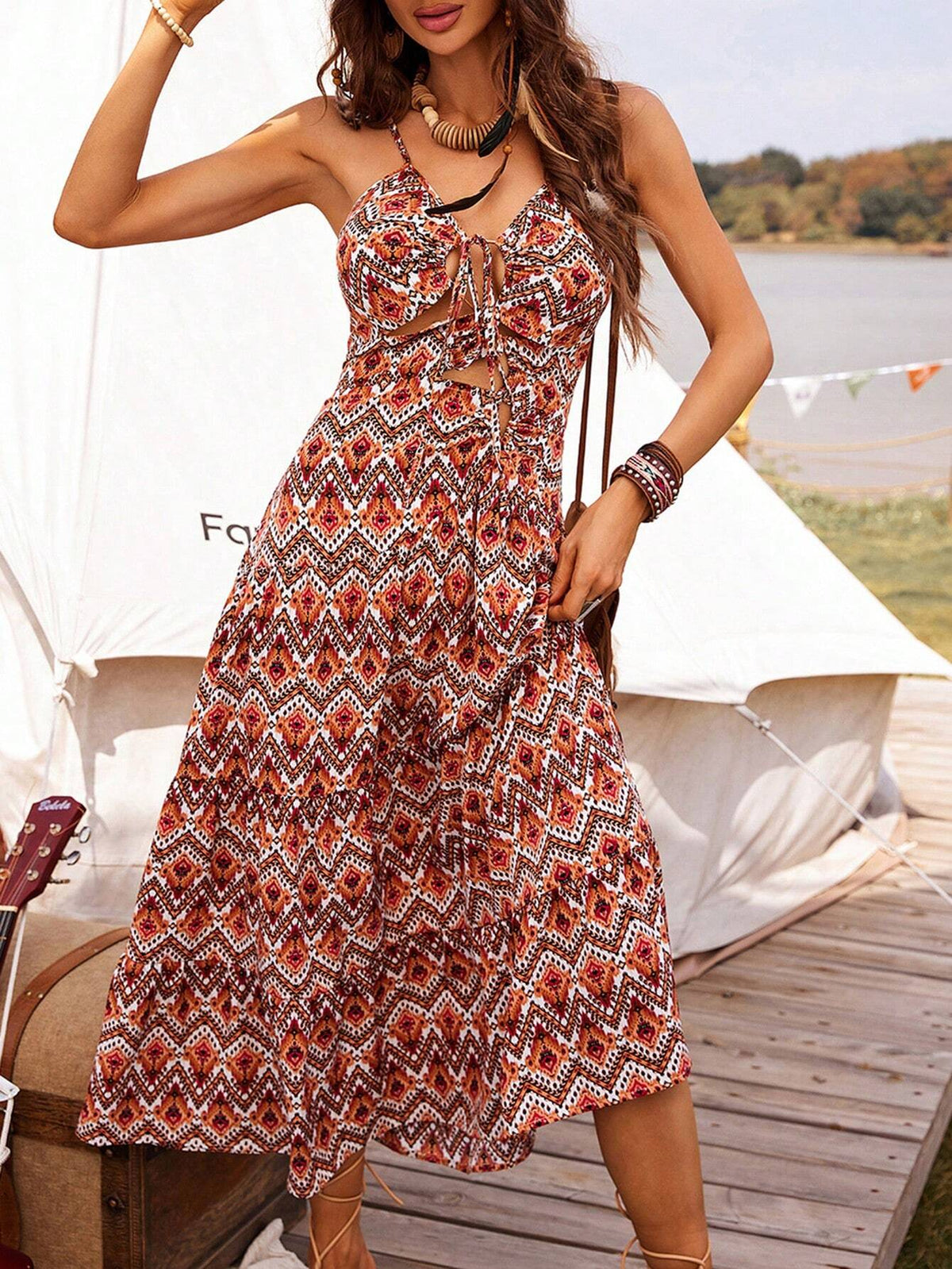 Women's Geometric Printed Waist Tie Spaghetti Strap Dress