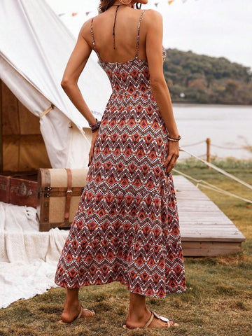 Women's Geometric Printed Waist Tie Spaghetti Strap Dress