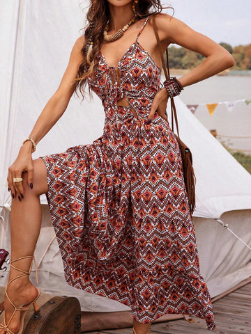Women's Geometric Printed Waist Tie Spaghetti Strap Dress