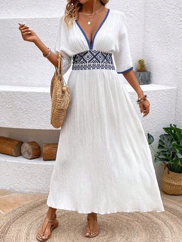 Women's Geometric Woven Belt Patchwork Batwing Sleeve Dress
