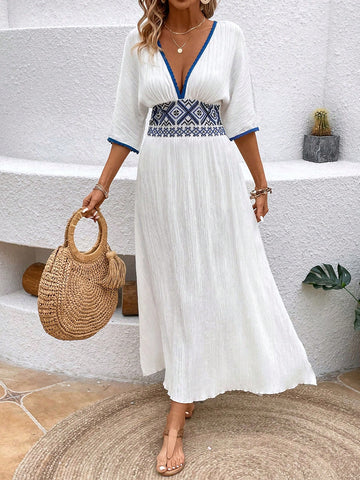 Women's Geometric Woven Belt Patchwork Batwing Sleeve Dress
