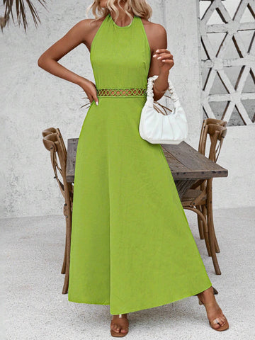 Women's Green Hollow Out Backless Maxi Halter Dress, Summer Vacation