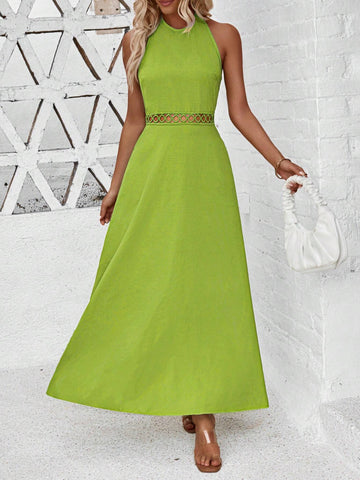 Women's Green Hollow Out Backless Maxi Halter Dress, Summer Vacation