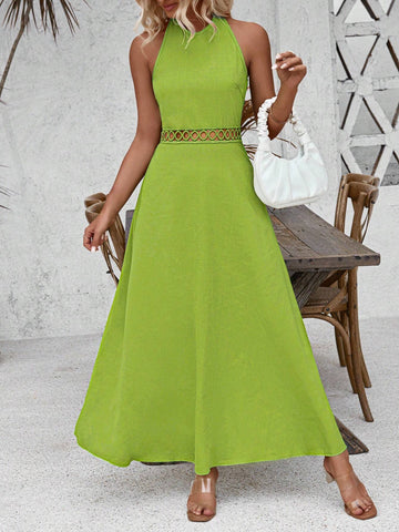 Women's Green Hollow Out Backless Maxi Halter Dress, Summer Vacation
