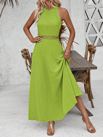 Women's Green Hollow Out Backless Maxi Halter Dress, Summer Vacation