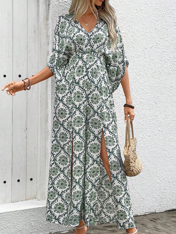 Women's Green Printed V-Neck Batwing Sleeve Jumpsuit With Split Legs