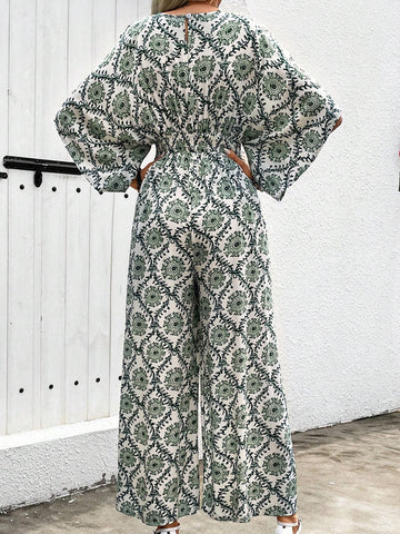 Women's Green Printed V-Neck Batwing Sleeve Jumpsuit With Split Legs