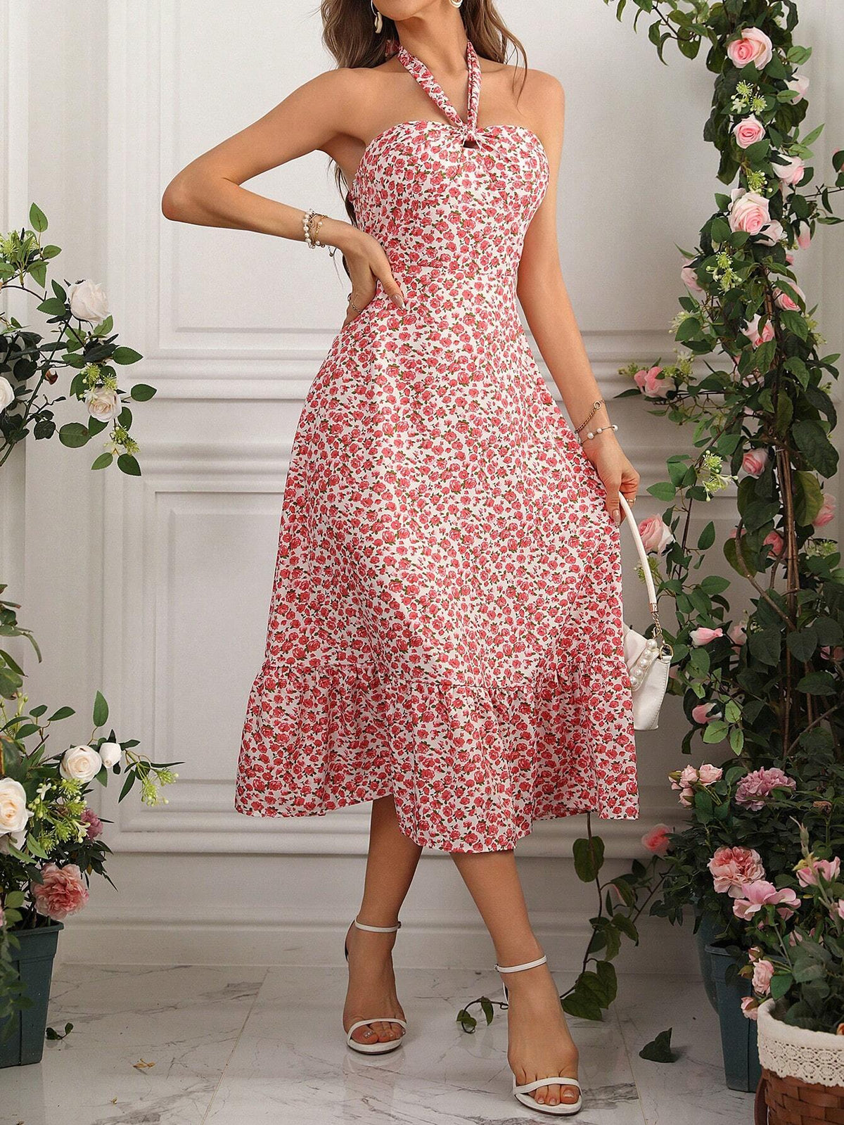Women's Halter Neck Floral Print Asymmetrical Hem Dress